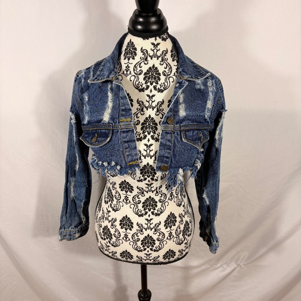Thrill Jeans Medium Wash Distressed Cropped Denim Jacket Raw Hem Streetwear M